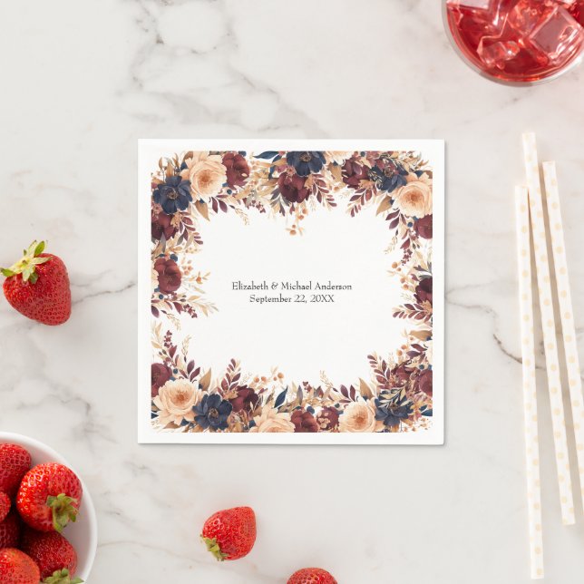Rust Terracotta Navy Cream Elegant Floral Wedding Napkins (Insitu)