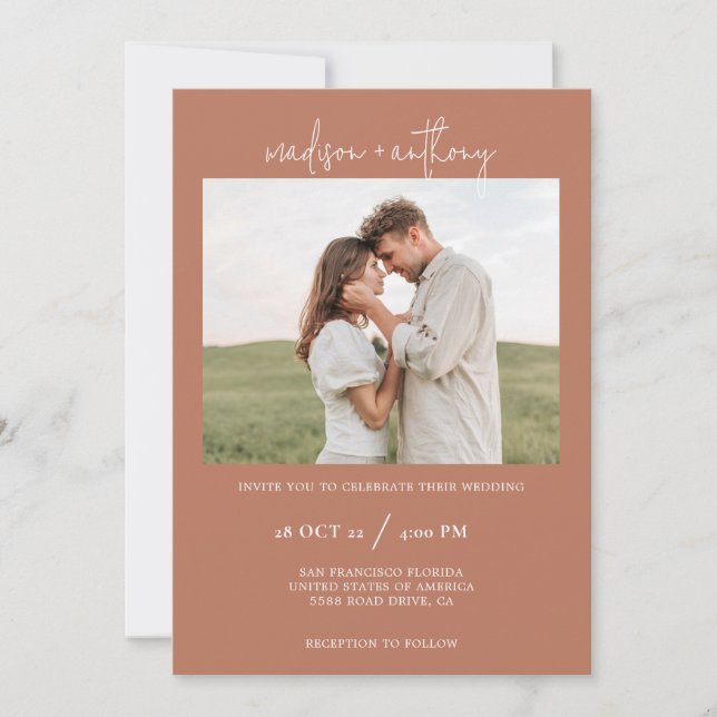 Rust Terracotta Stylish Script with Photo Wedding  Invitation (Front)