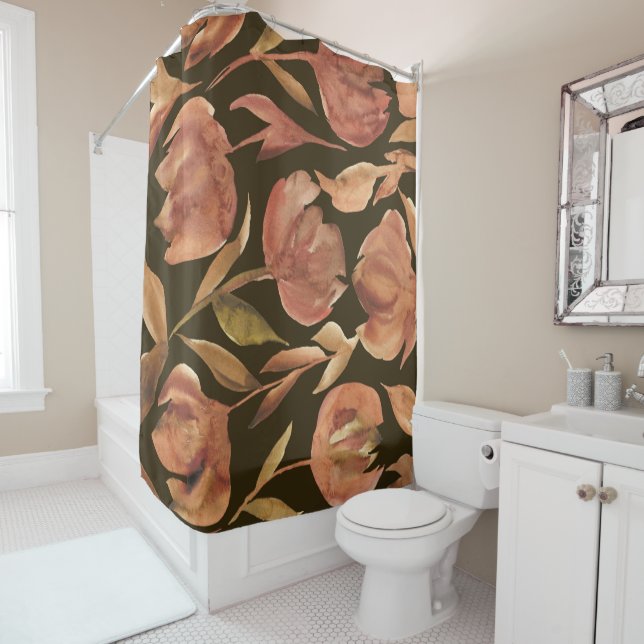Rust Terracotta Watercolor Floral Tulips Black  Shower Curtain (In Situ)