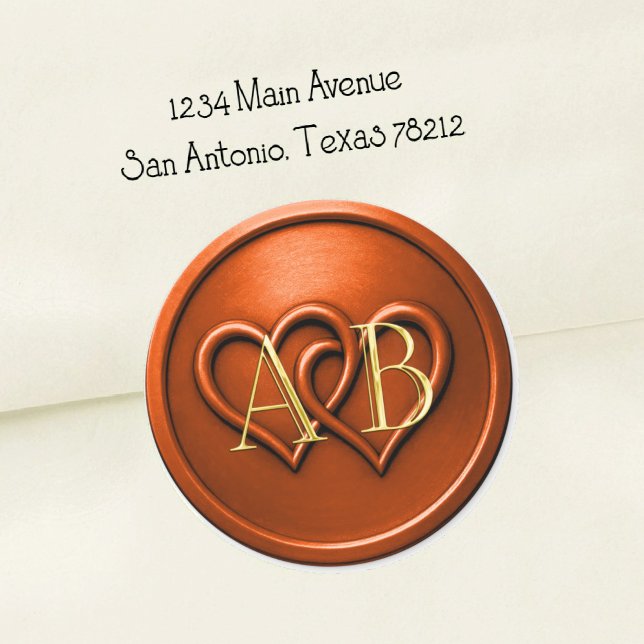 Rust Two Hearts Intertwined Monogram Wedding Classic Round Sticker (Creator Uploaded)