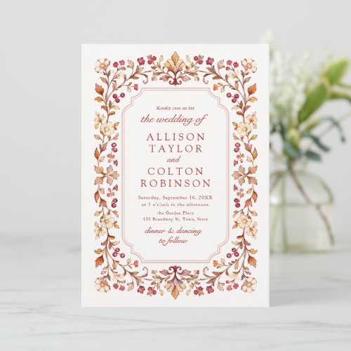 Rust Vintage Botanical Floral Frame Fall Wedding Invitation