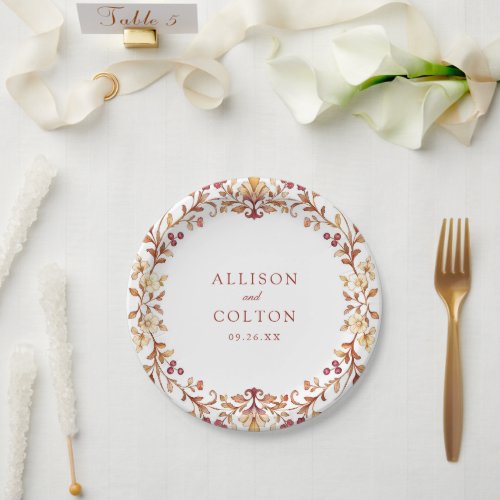 Rust Vintage Botanical Floral Frame Fall Wedding Paper Plates