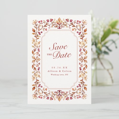 Rust Vintage Botanical Floral Frame Fall Wedding Save The Date