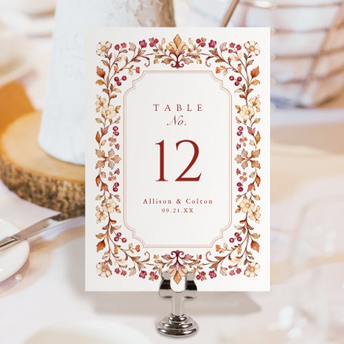 Rust Vintage Botanical Floral Frame Fall Wedding Table Number