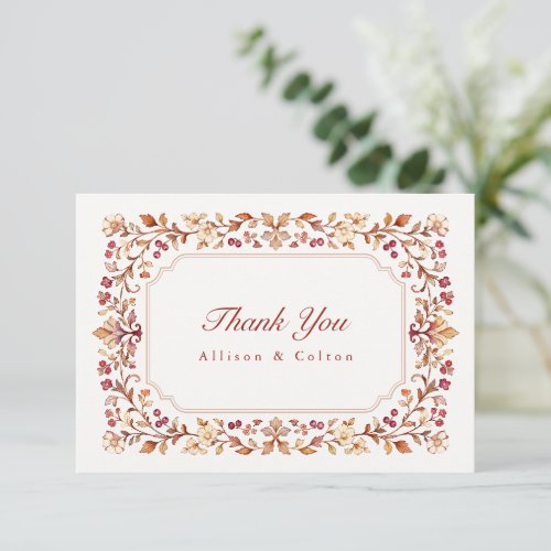 Rust Vintage Botanical Floral Frame Fall Wedding Thank You Card