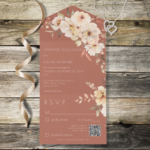 Rust Vintage Cream Floral QR Code All In One Invitation
