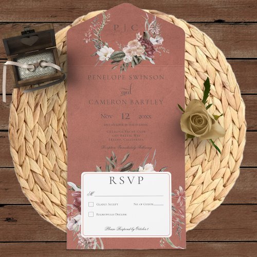 Rust Vintage Floral Wreath No Dinner All In One Invitation