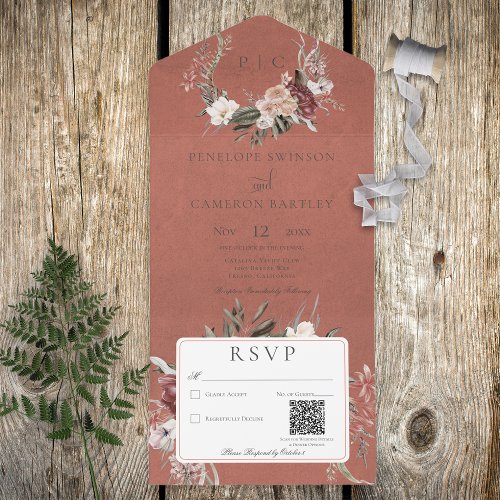 Rust Vintage Floral Wreath QR Code All In One Invitation