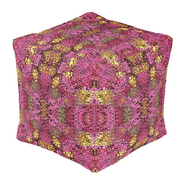 Rust violet boho tapestry round Ottoman Pouf. (Angled Back)