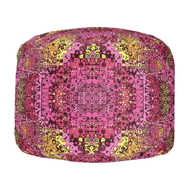 Rust violet boho tapestry Round Ottoman Pouf. (Left)