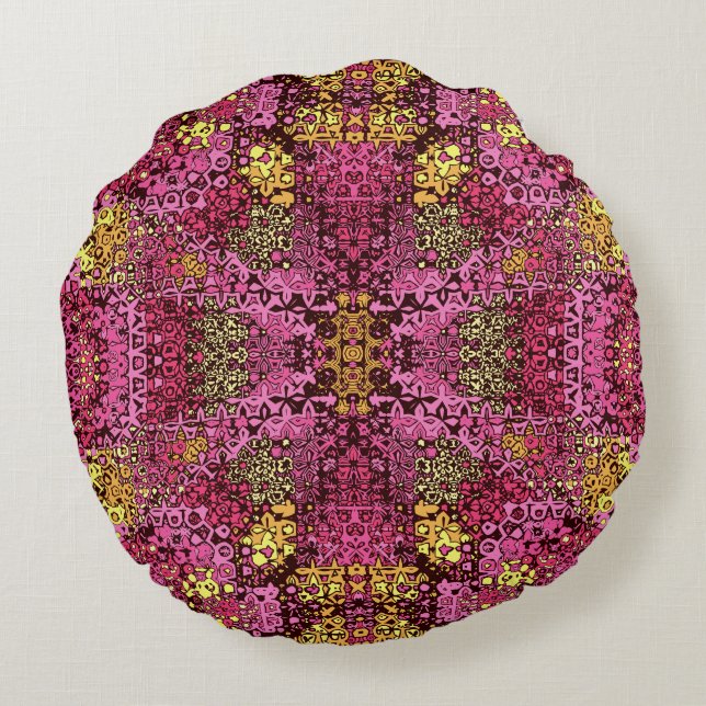 Rust violet boho tapestry round Pillow. Pillow (Back)