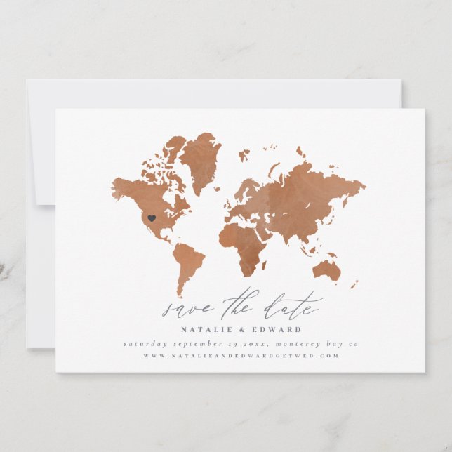 Rust watercolor world map wedding announcement (Front)