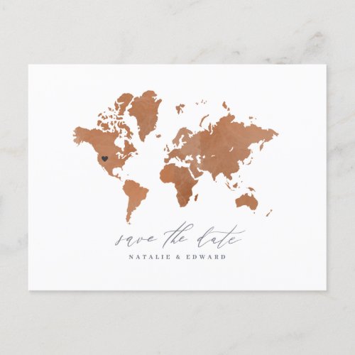 Rust watercolor world map wedding announcement