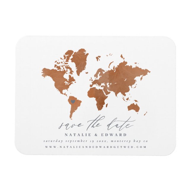 Rust watercolor world map wedding announcement magnet (Horizontal)