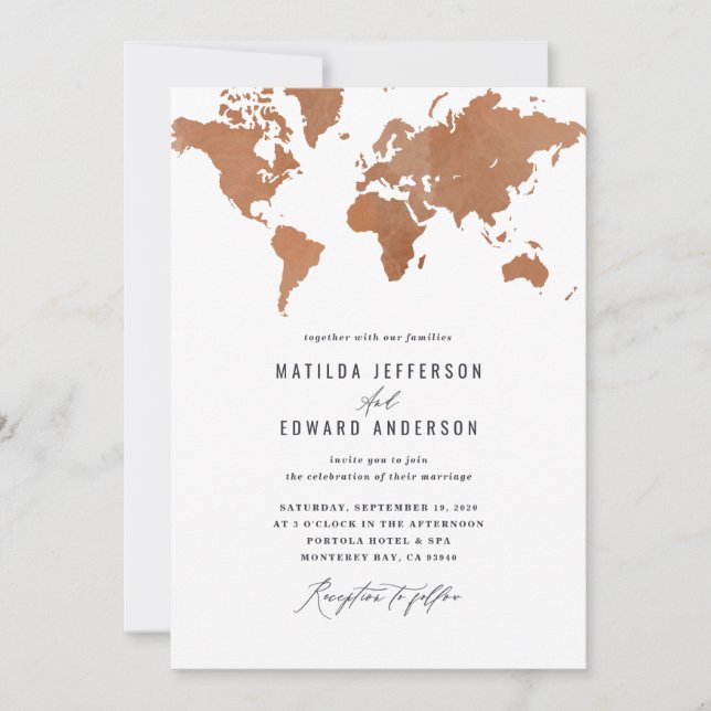 Rust watercolor world map wedding travel (Front)