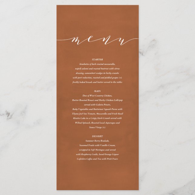 Rust + white elegant watercolor painted wedding menu (Front)