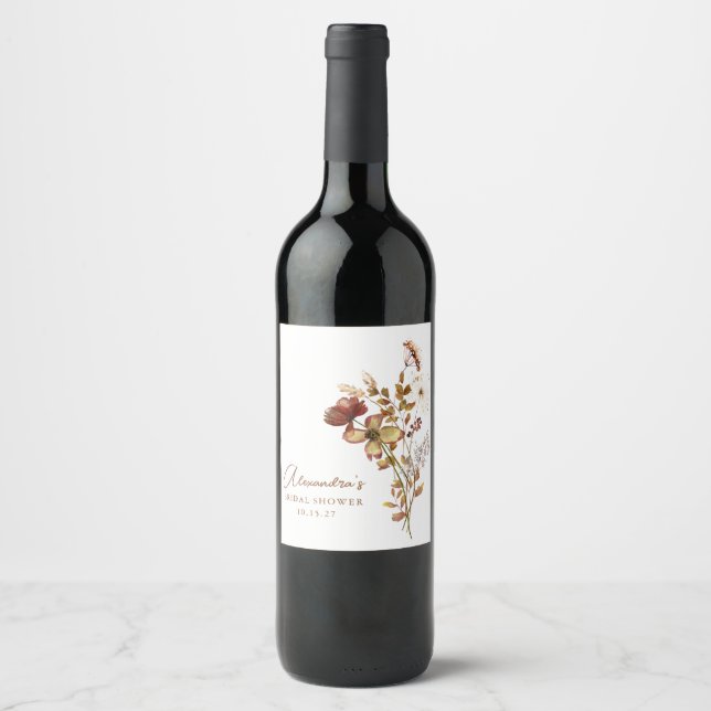 Rust Wildflower Boho Bridal Shower Favor Custom Wine Label (Front)
