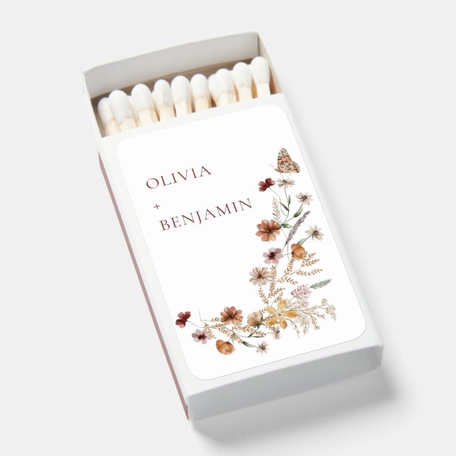 Rust Wildflower Boho Personalized Wedding Keepsake Matchboxes (Front Open)