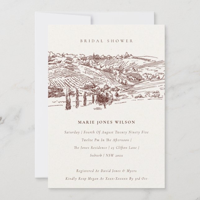 Rust Winery Mountain Sketch Bridal Shower Invite (Front)