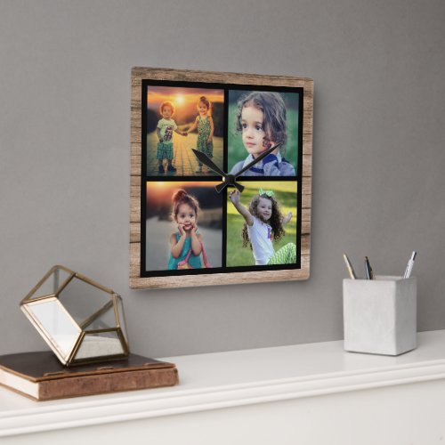 Rust wood family 4 photos photo collage square wall clock