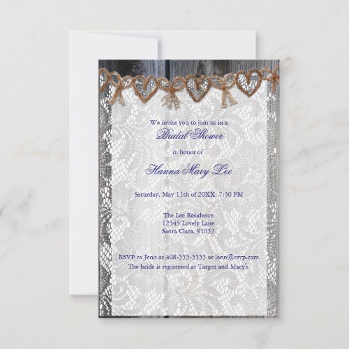 Rust Wood Lace Twine Bridal Shower Invitation