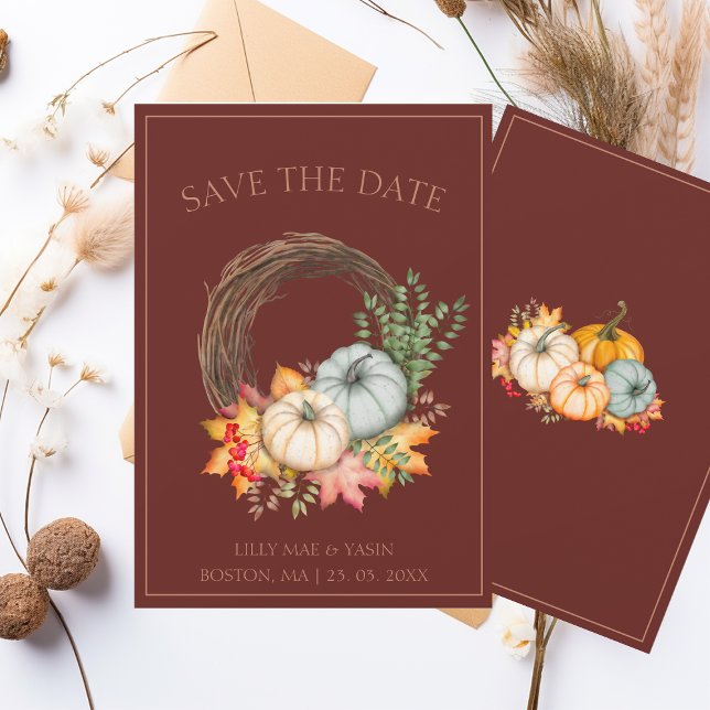 Rust Wreath Pumpkin Fall Save the Date Card (Creator Uploaded)