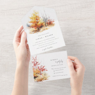 Rust Yellow Autumn Fall Landscape Plaid Wedding All In One Invitation