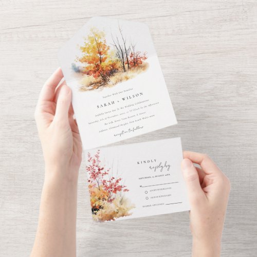 Rust Yellow Autumn Fall Landscape Plaid Wedding All In One Invitation