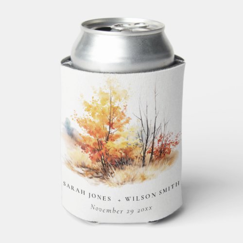 Rust Yellow Autumn Fall Landscape Plaid Wedding Can Cooler