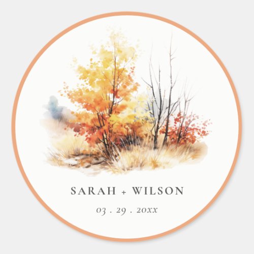 Rust Yellow Autumn Fall Landscape Plaid Wedding Classic Round Sticker