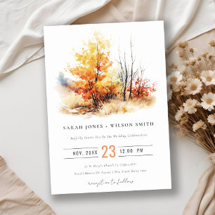 Rust Yellow Autumn Fall Landscape Plaid Wedding Invitation