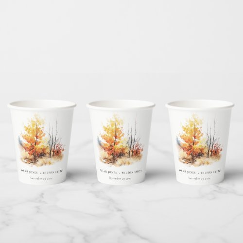 Rust Yellow Autumn Fall Landscape Plaid Wedding Paper Cups