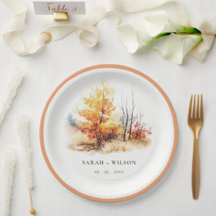 Rust Yellow Autumn Fall Landscape Plaid Wedding Paper Plates
