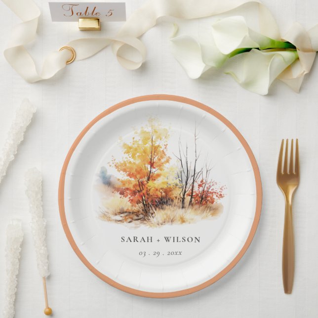 Rust Yellow Autumn Fall Landscape Plaid Wedding Paper Plates (Wedding)