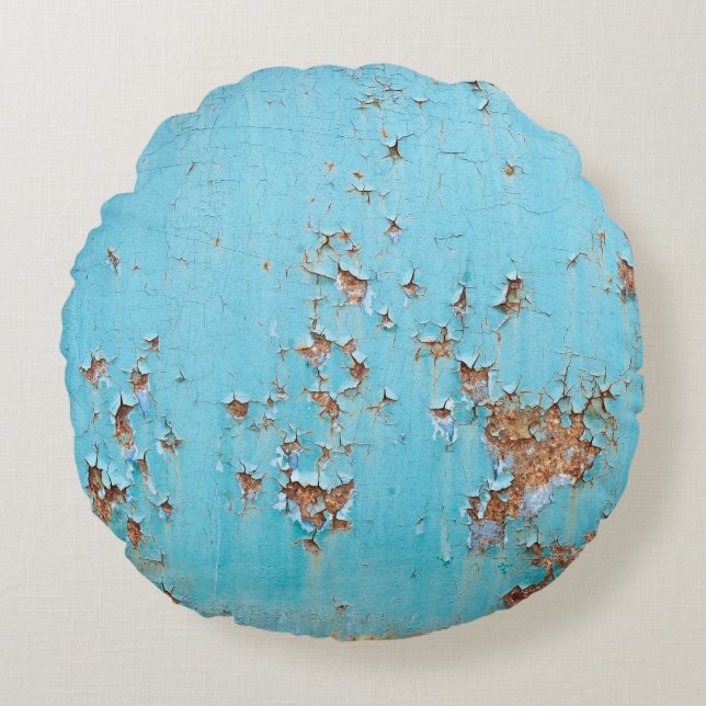 Rusted Blue Metal: Textured Wall. Round Pillow (Front)
