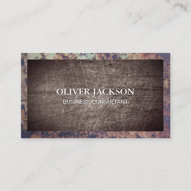 Rusted Border | Scratched Grungy Metal Business Card (Front)