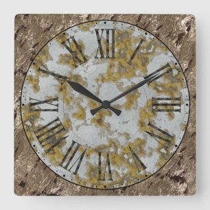 Rusted Face, Metallic BGND, Tin Roman Numerals Square Wall Clock