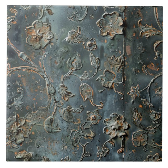 Rusted Metal Antique Floral  Ceramic Tile (Front)