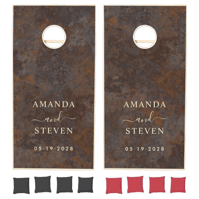 Rusted Metal Sheet Couple Names with Wedding Date Cornhole Set (Set)