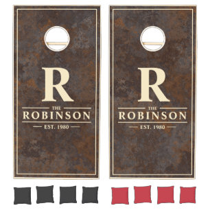 Rusted Metal Sheet Family Name & Initial  Cornhole Set
