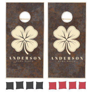 Rusted Metal Sheet Four Leaf Clover with Name Cornhole Set