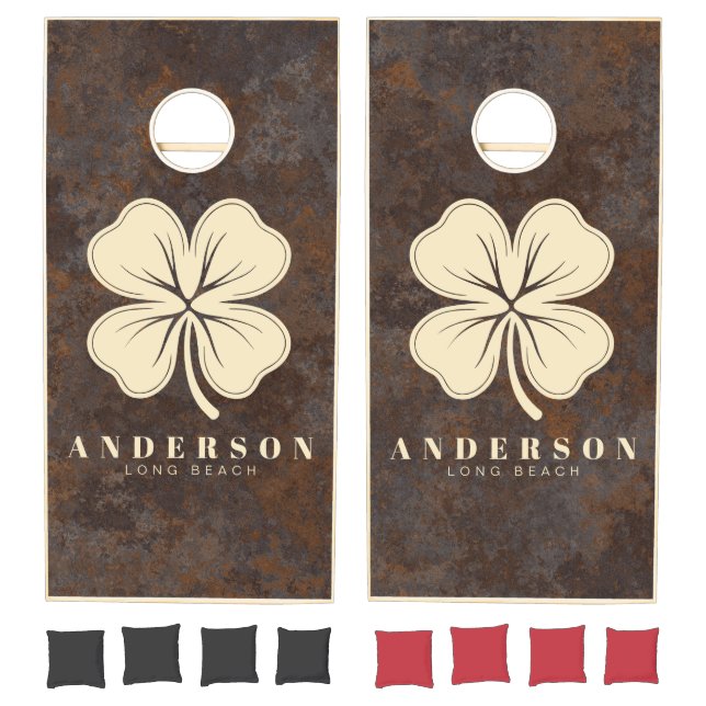 Rusted Metal Sheet Four Leaf Clover with Name Cornhole Set (Set)
