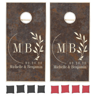 Rusted Metal Sheet Leaf Wedding Monogram Cornhole Set