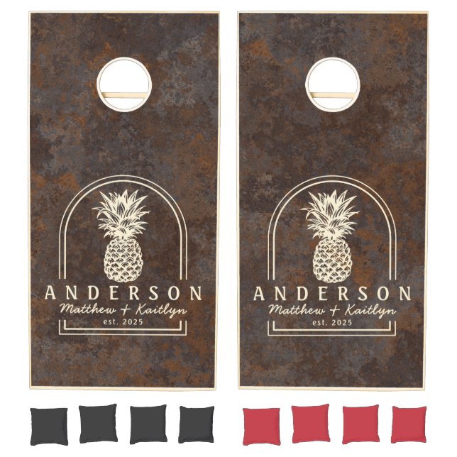 Rusted Metal Sheet Pineapple Wedding Arch & Name Cornhole Set (Set)