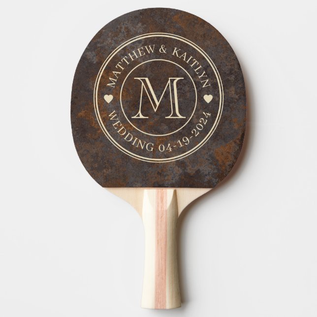 Rusted Metal Sheet Wedding Monogram Heart Ping Pong Paddle (Front)
