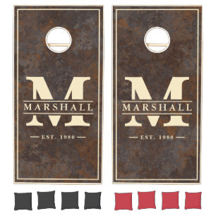 Rusted Metal Sheet with Name & Initial Overlay Cornhole Set