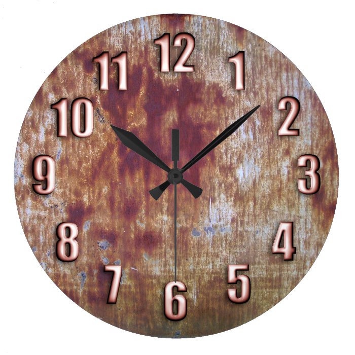 Rusted metal with sleek bronze numbers round wallclock