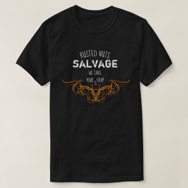 Rusted Nuts Salvage We Take Your Scrap Pinstripe T-Shirt (Design Front)