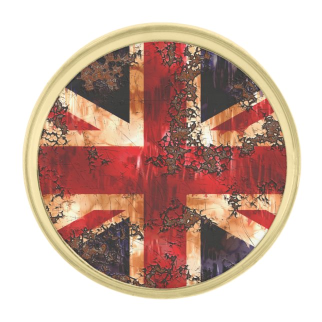 Rusted Patriotic United Kingdom Flag Gold Finish Lapel Pin (Front)