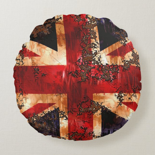 Rusted Patriotic United Kingdom Flag Round Pillow (Front)